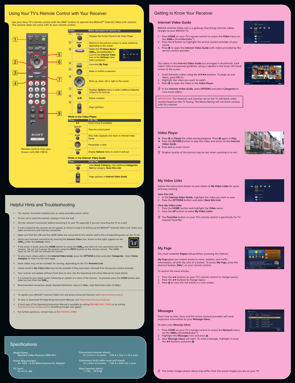 Helpful hints and troubleshooting specifications | Sony DMX-NV1 User Manual | Page 2 / 2