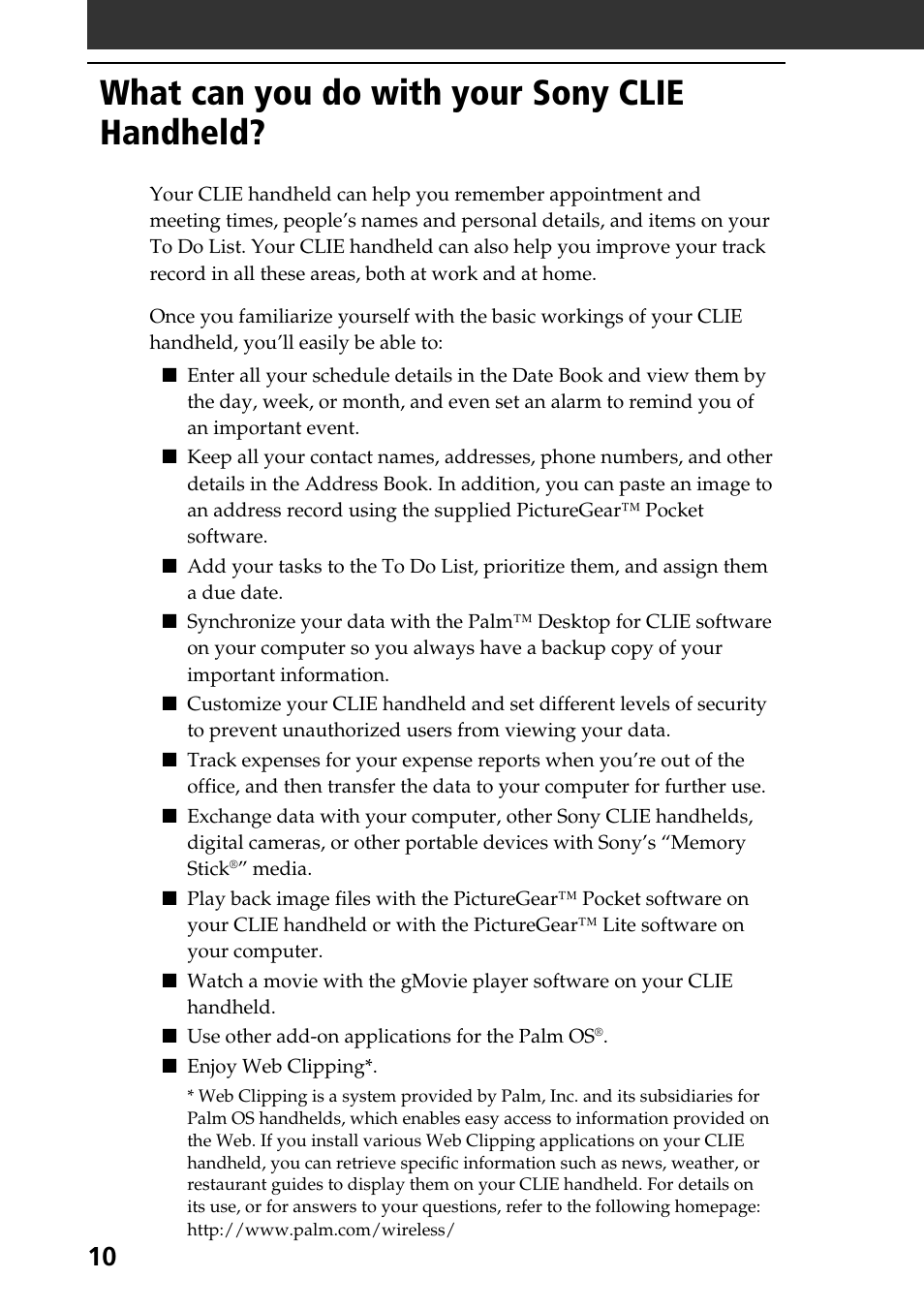 What can you do with your sony clie handheld, What can you do with your sony, Clie handheld | Sony PEG-S320 User Manual | Page 10 / 57