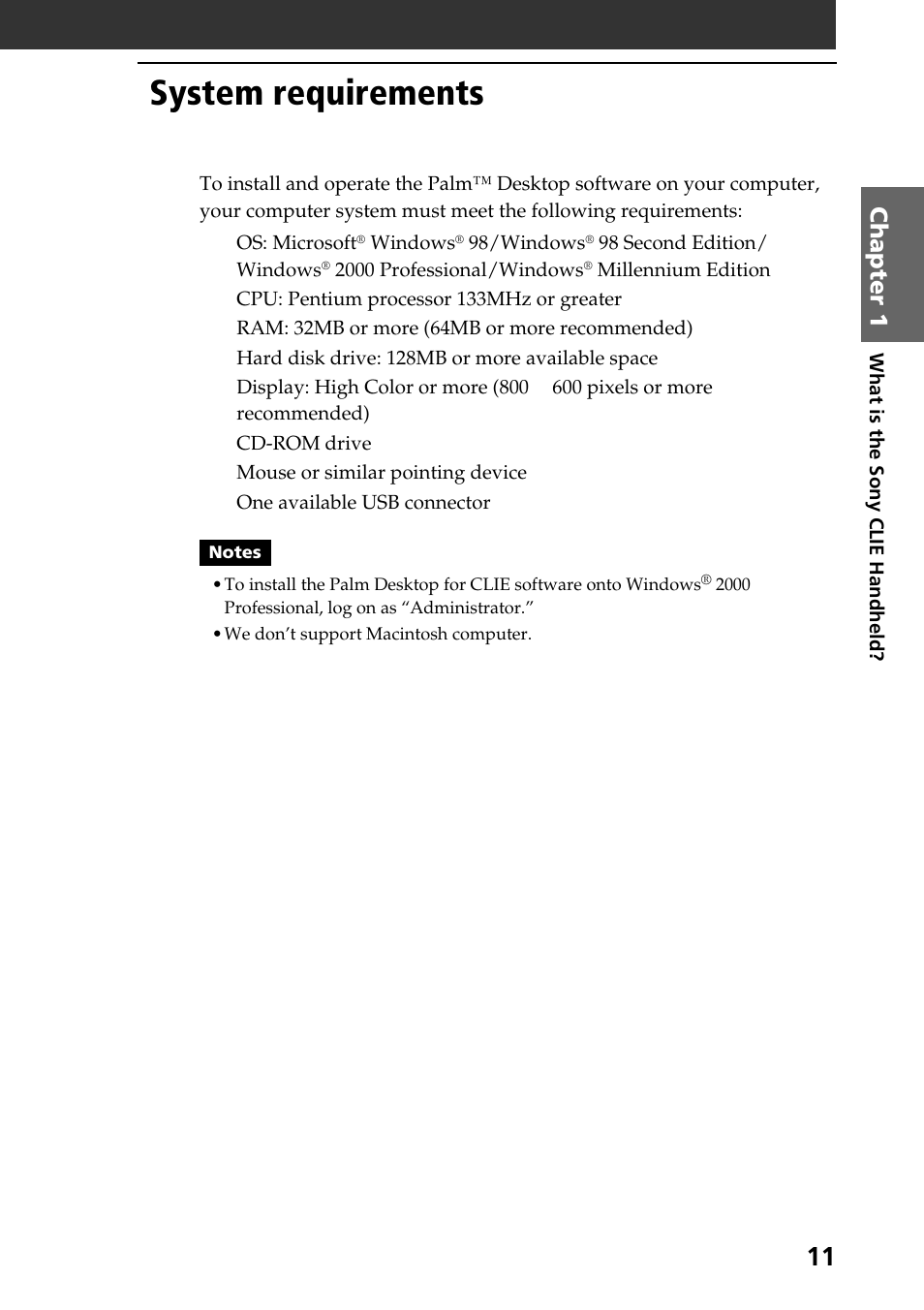 System requirements, Chapter 1 | Sony PEG-S320 User Manual | Page 11 / 57