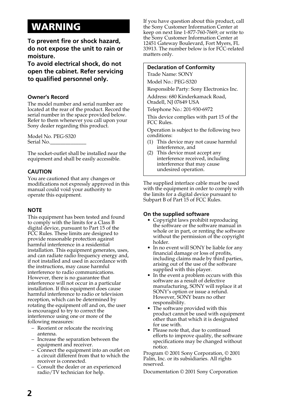 Warning | Sony PEG-S320 User Manual | Page 2 / 57