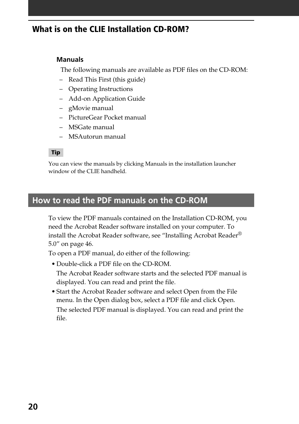 How to read the pdf manuals on the cd-rom, What is on the clie installation cd-rom | Sony PEG-S320 User Manual | Page 20 / 57