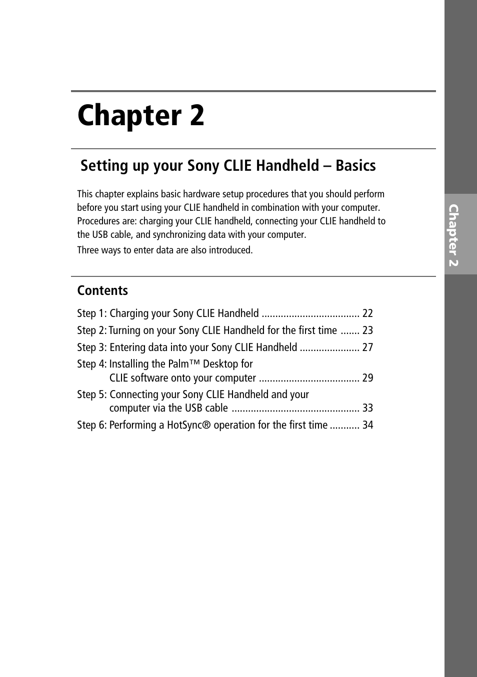 Chapter 2, Setting up your sony clie handheld – basics | Sony PEG-S320 User Manual | Page 21 / 57