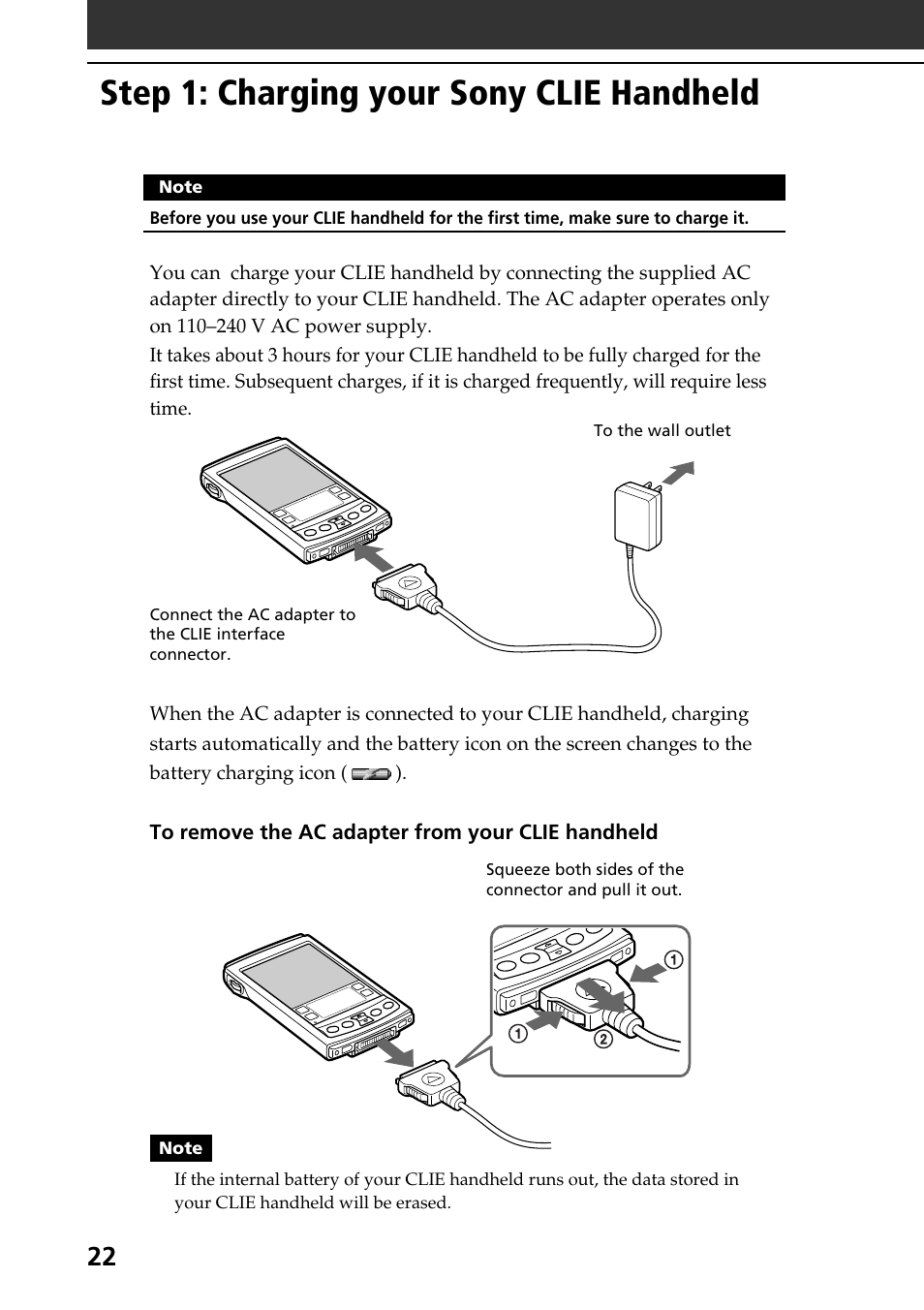 Step 1: charging your sony clie handheld, Step 1: charging your sony clie, Handheld | Sony PEG-S320 User Manual | Page 22 / 57