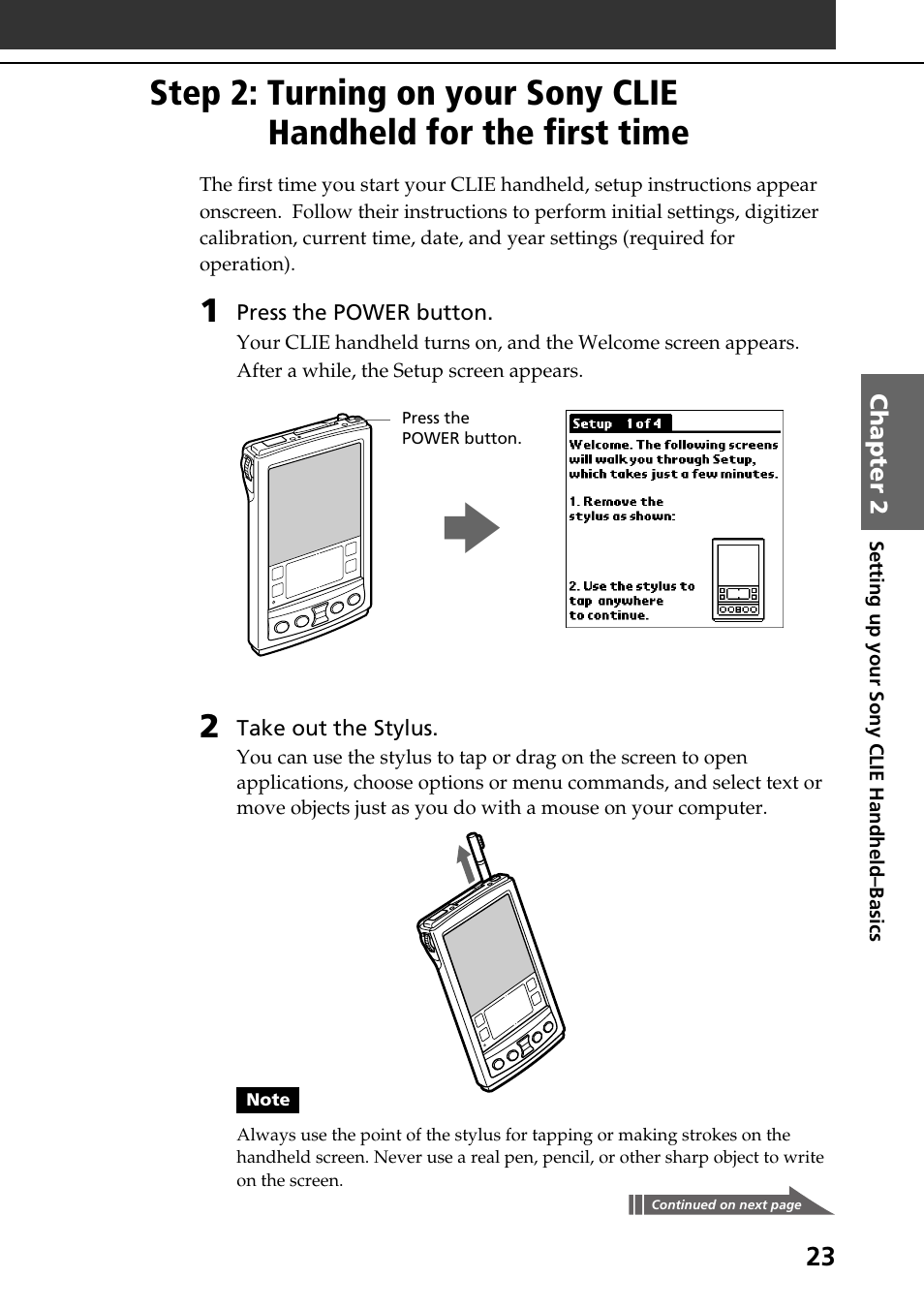 Step 2: turning on your sony clie, Handheld for the first time | Sony PEG-S320 User Manual | Page 23 / 57