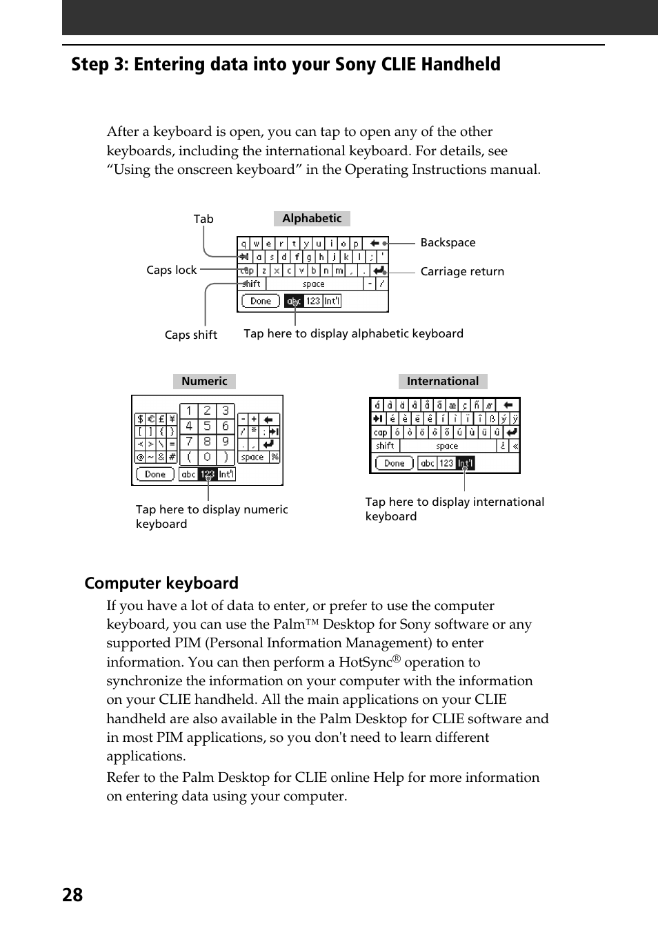 Step 3: entering data into your sony clie handheld, Computer keyboard | Sony PEG-S320 User Manual | Page 28 / 57