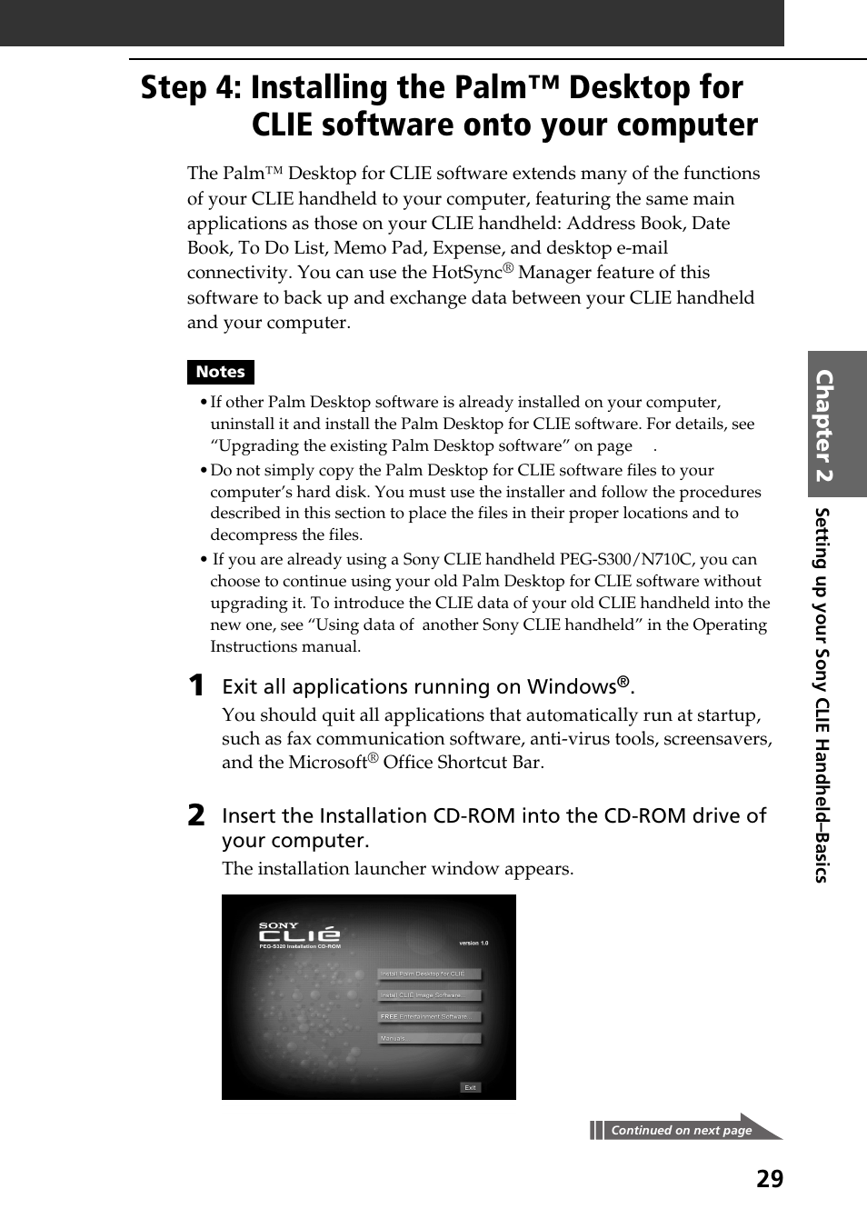 Step 4: installing the palm, Desktop for clie software onto your computer | Sony PEG-S320 User Manual | Page 29 / 57