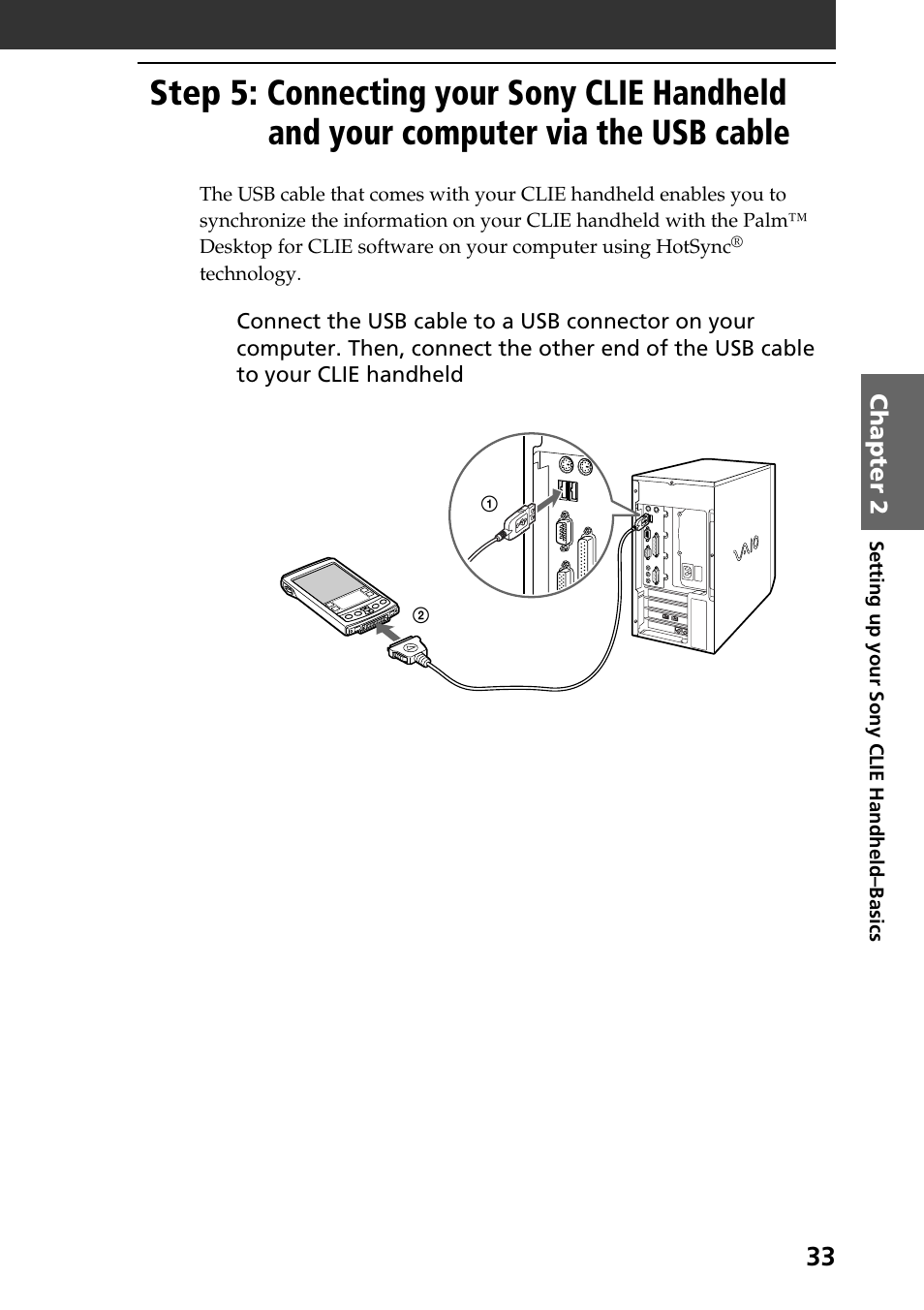 Step 5: connecting your sony clie, Handheld and your computer via the usb cable | Sony PEG-S320 User Manual | Page 33 / 57