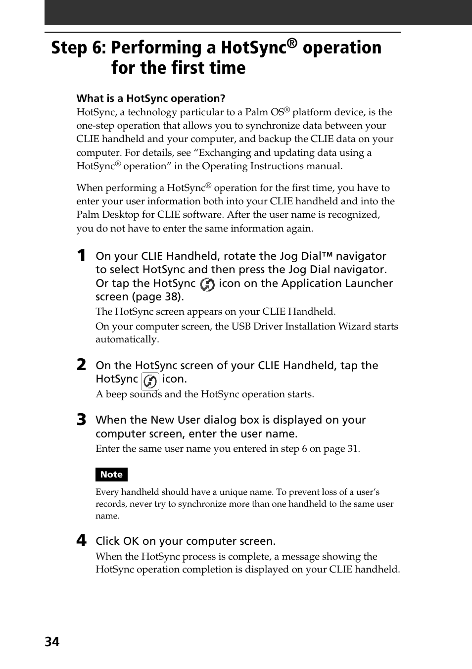 Step 6: performing a hotsync, Operation for the first time | Sony PEG-S320 User Manual | Page 34 / 57