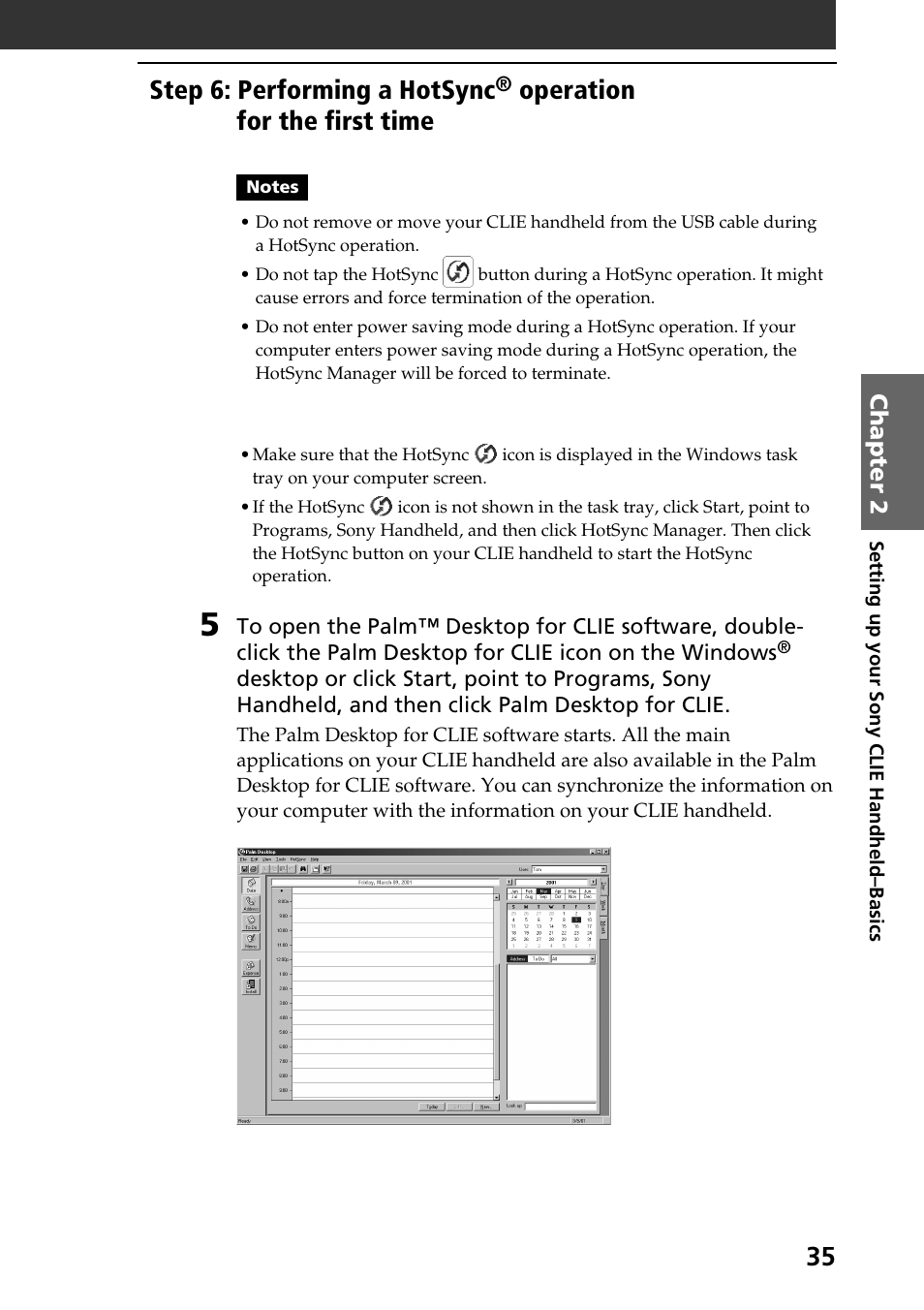 Step 6: performing a hotsync, Operation for the first time | Sony PEG-S320 User Manual | Page 35 / 57
