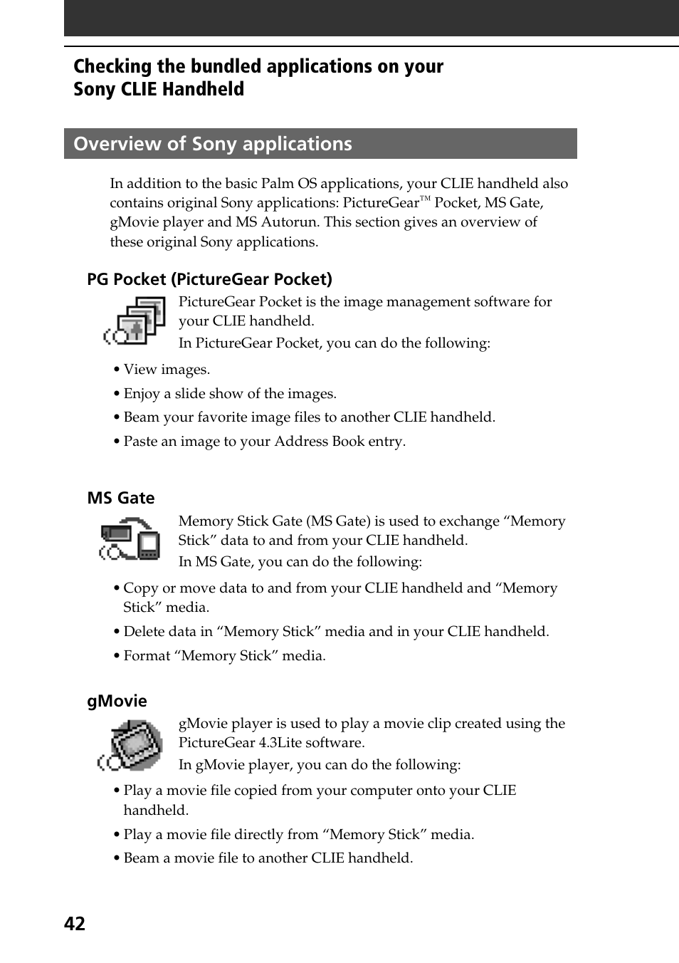 Overview of sony applications, 42 overview of sony applications | Sony PEG-S320 User Manual | Page 42 / 57