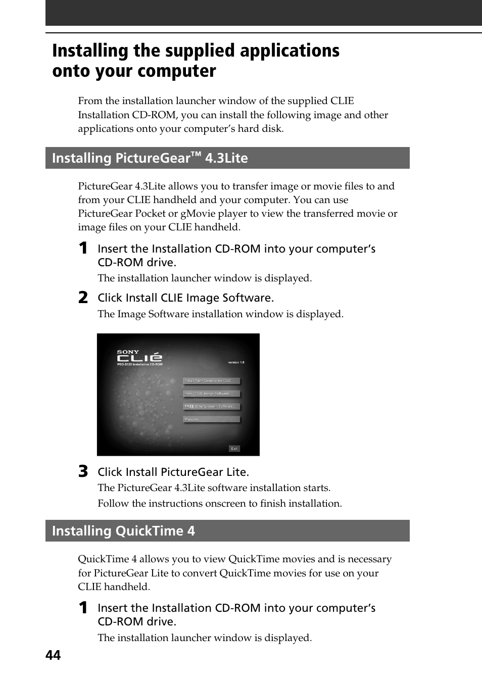Installing picturegear™ 4.3lite, Installing quicktime 4 | Sony PEG-S320 User Manual | Page 44 / 57