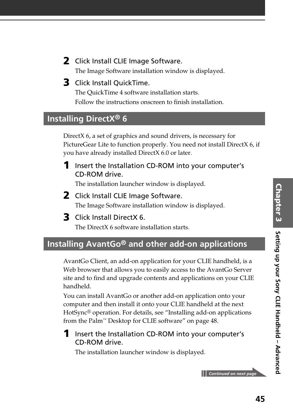 Installing directx® 6, Installing avantgo® and other add-on applications, Installing directx | Installing avantgo, And other, Add-on applications, And other add-on applications | Sony PEG-S320 User Manual | Page 45 / 57