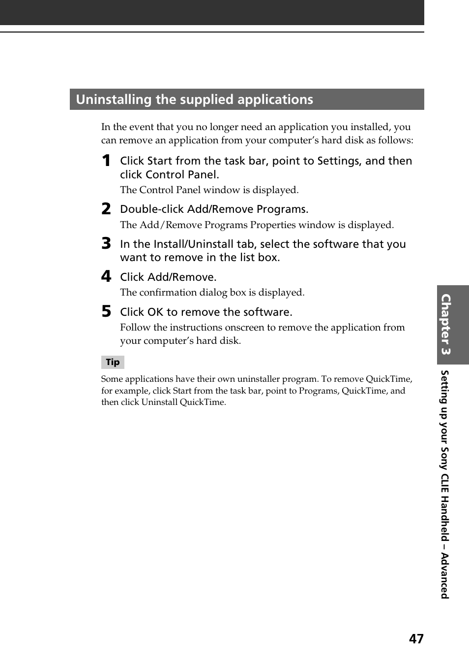 Uninstalling the supplied applications | Sony PEG-S320 User Manual | Page 47 / 57