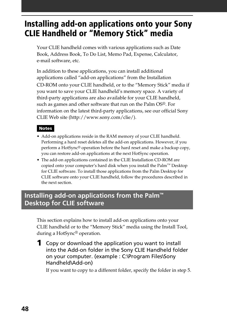 Installing add-on applications from the palm, Desktop for clie software | Sony PEG-S320 User Manual | Page 48 / 57