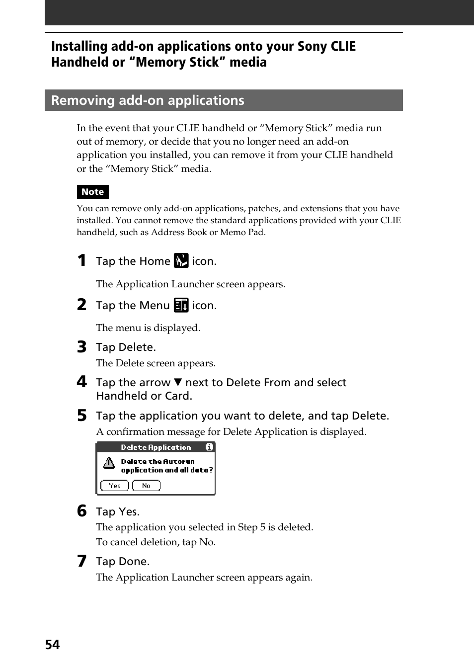 Removing add-on applications | Sony PEG-S320 User Manual | Page 54 / 57