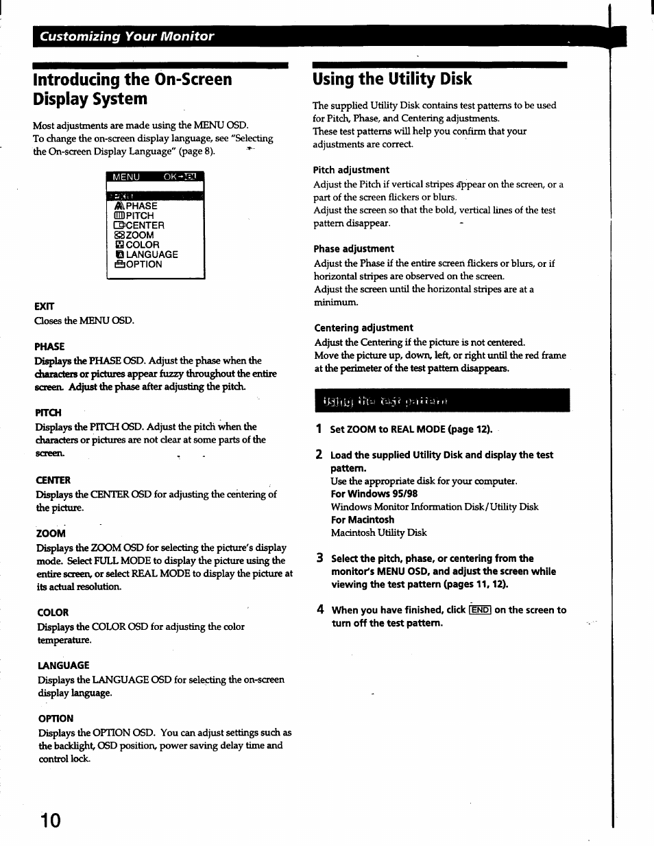 Introducing the on-screen display system, Using the utility disk, Customizing your monitor | Sony CPD-L150 User Manual | Page 10 / 20