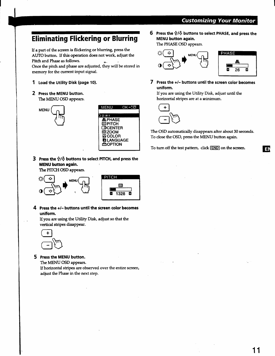 Eliminating flickering or blurring, 2 press the menu button, A 1328 | 5 press the menu button, Customizing your monitor | Sony CPD-L150 User Manual | Page 11 / 20