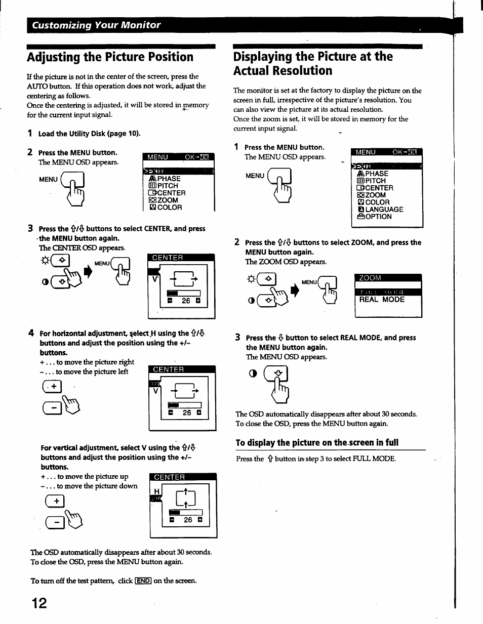 Adjusting the picture position, Displaying the picture at the actual resolution, Customizing your monitor | Am pitch | Sony CPD-L150 User Manual | Page 12 / 20