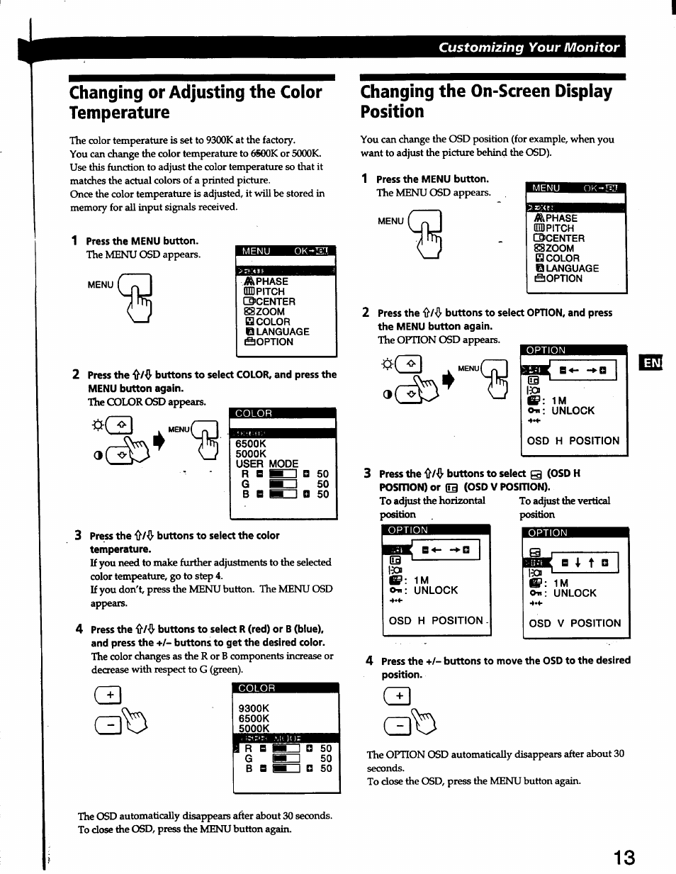 Changing or adjusting the color temperature, Changing the on-screen display position, 33 t) | Am pitch, Customizing your monitor | Sony CPD-L150 User Manual | Page 13 / 20