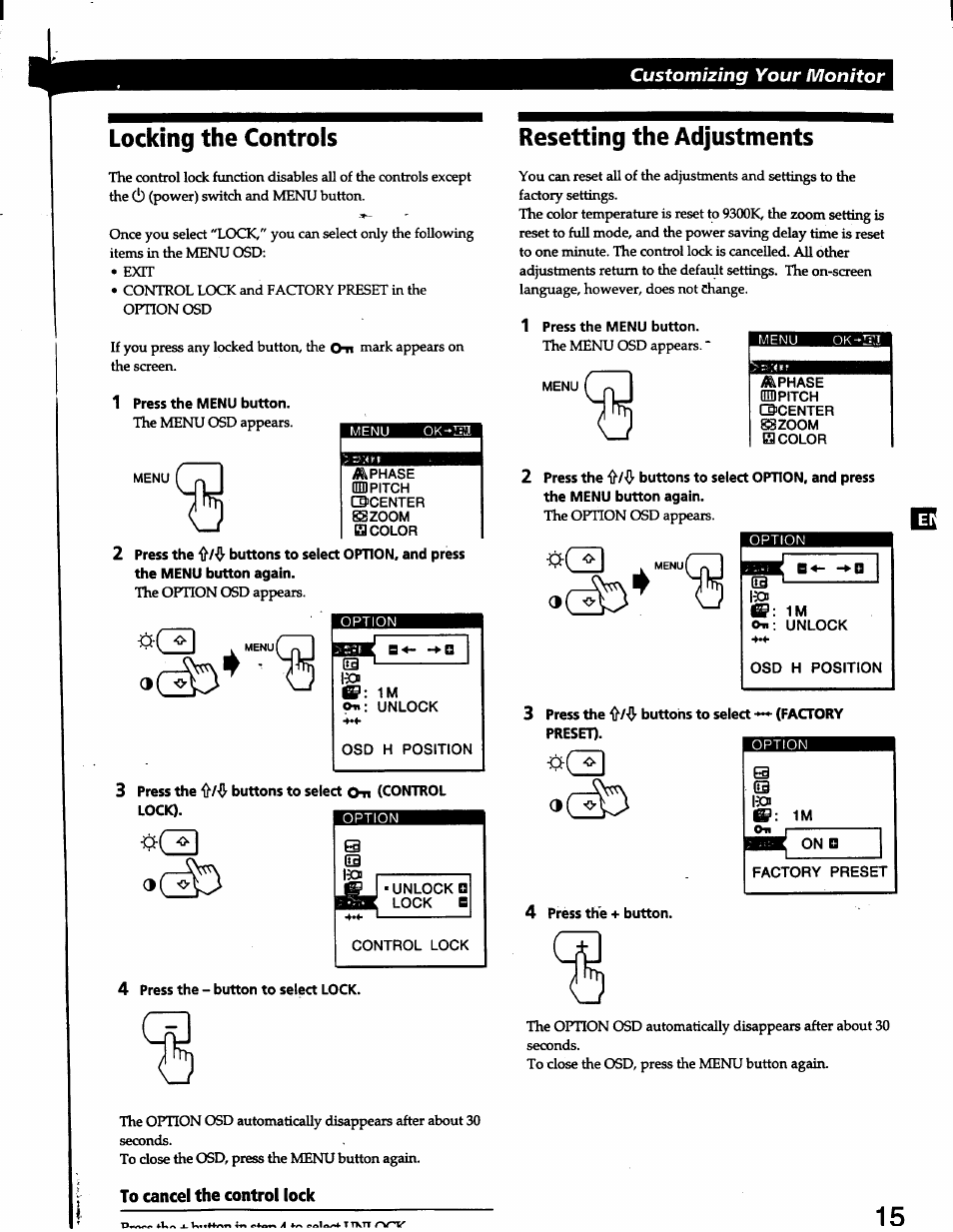 Locking the controls, Resetting the adjustments, P (3 | Customizing your monitor | Sony CPD-L150 User Manual | Page 15 / 20