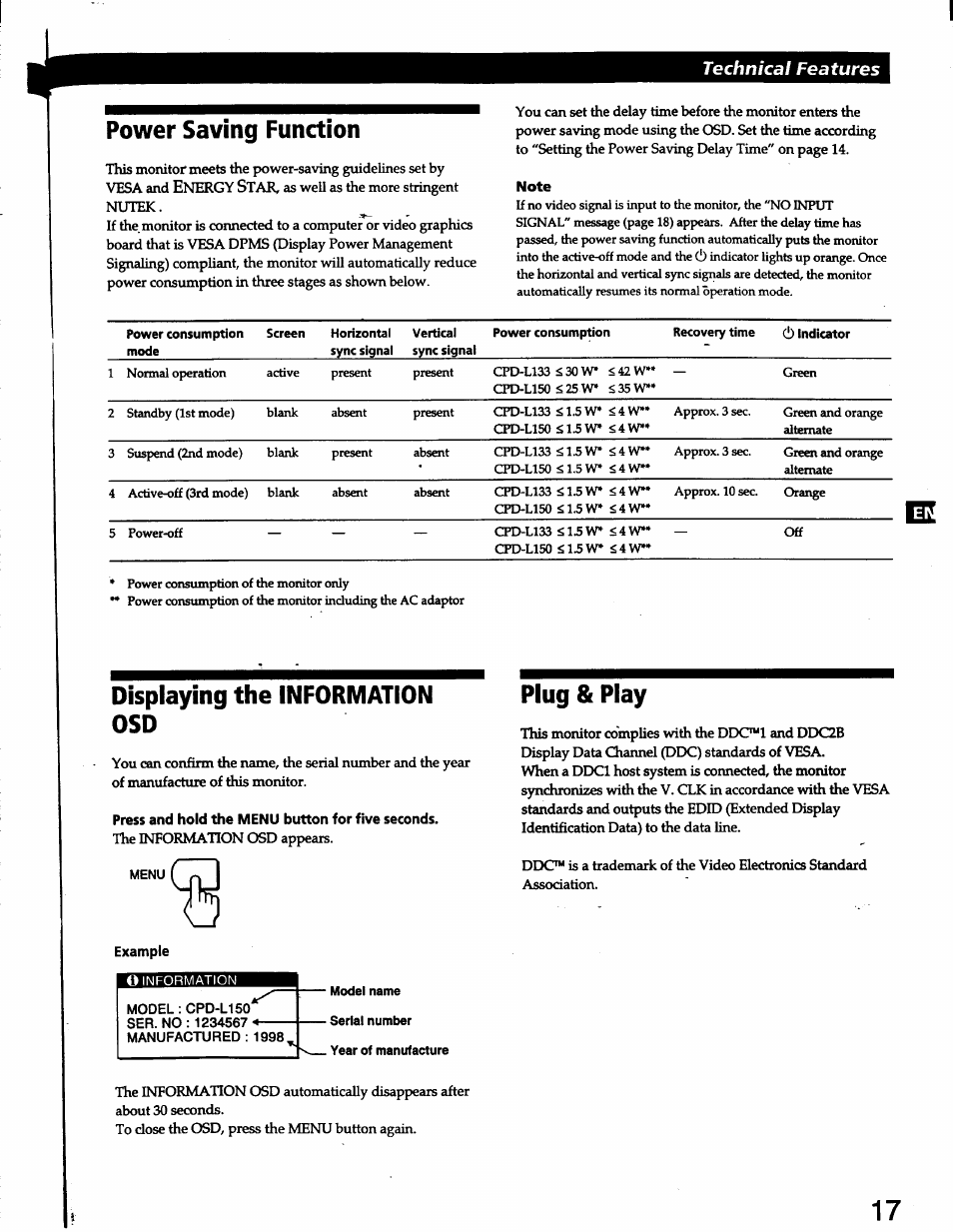 Power saving function, Note, Displaying the information osd | Plug & play, Technical features | Sony CPD-L150 User Manual | Page 17 / 20