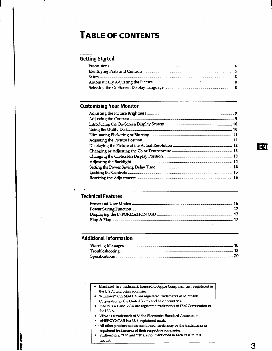 Getting started, Customizing your monitor, Technical features | Additional information | Sony CPD-L150 User Manual | Page 3 / 20