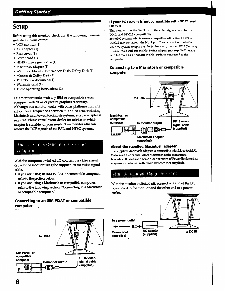 Setup, About the supplied macintosh adapter, Getting started | Sony CPD-L150 User Manual | Page 5 / 20