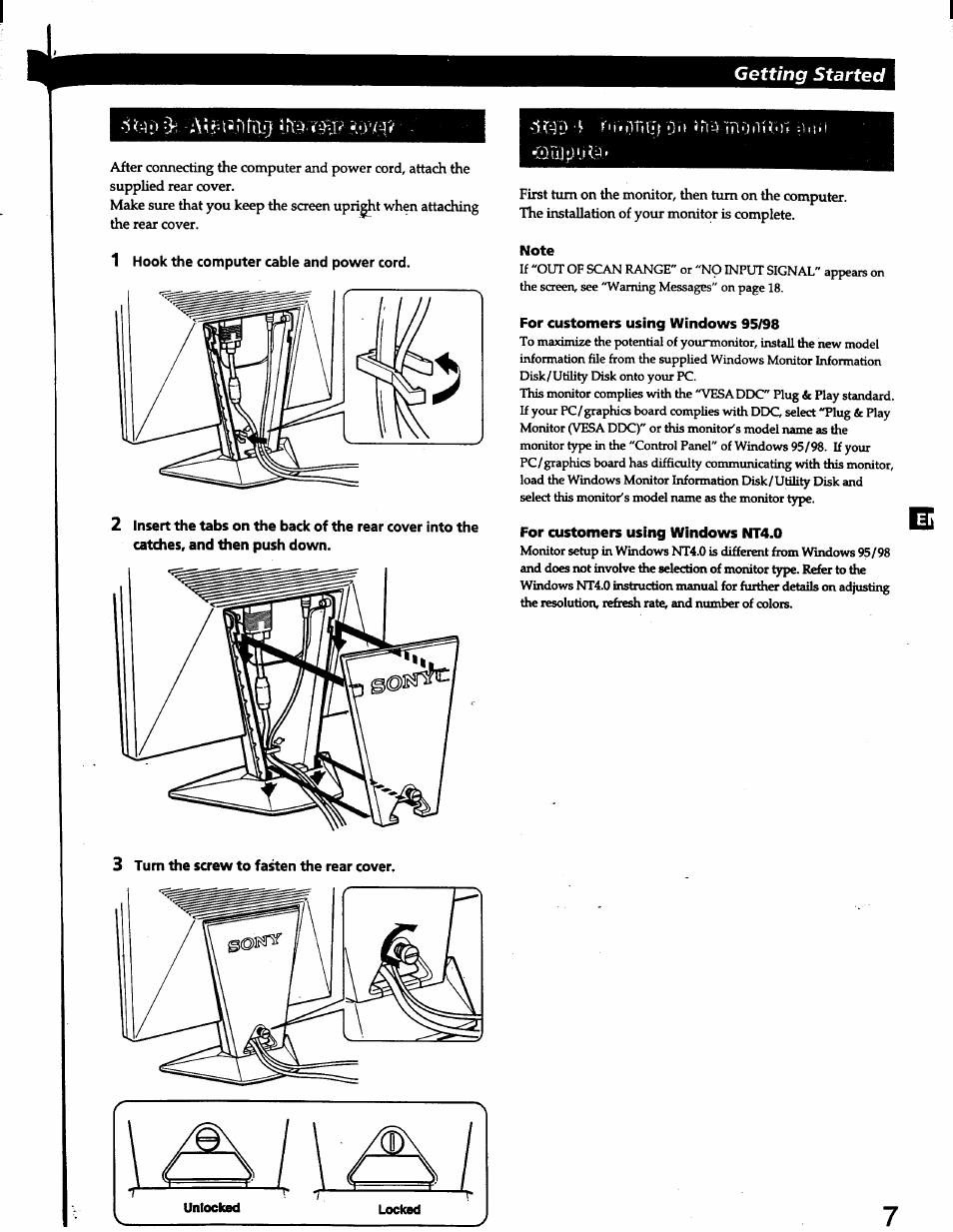 1 hook the computer cable and power cord, Note, For customers using windows 95/98 | For customers using windows nt4.0, Getting started, 4 kit.ntiiij dit !ri41t\onh-n | Sony CPD-L150 User Manual | Page 7 / 20