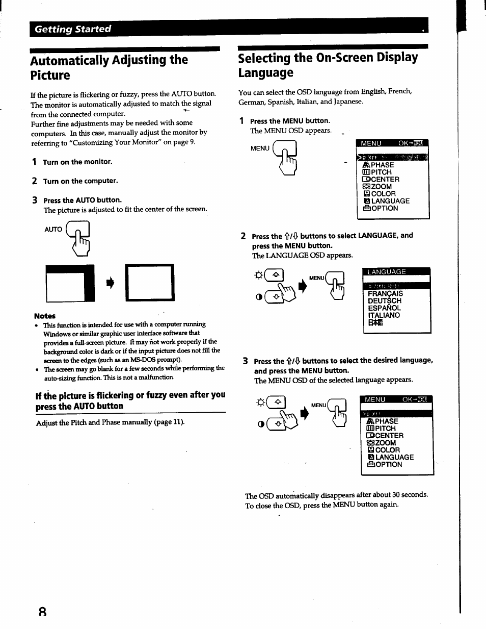 Automatically adjusting the picture, Selecting the on-screen display language | Sony CPD-L150 User Manual | Page 8 / 20