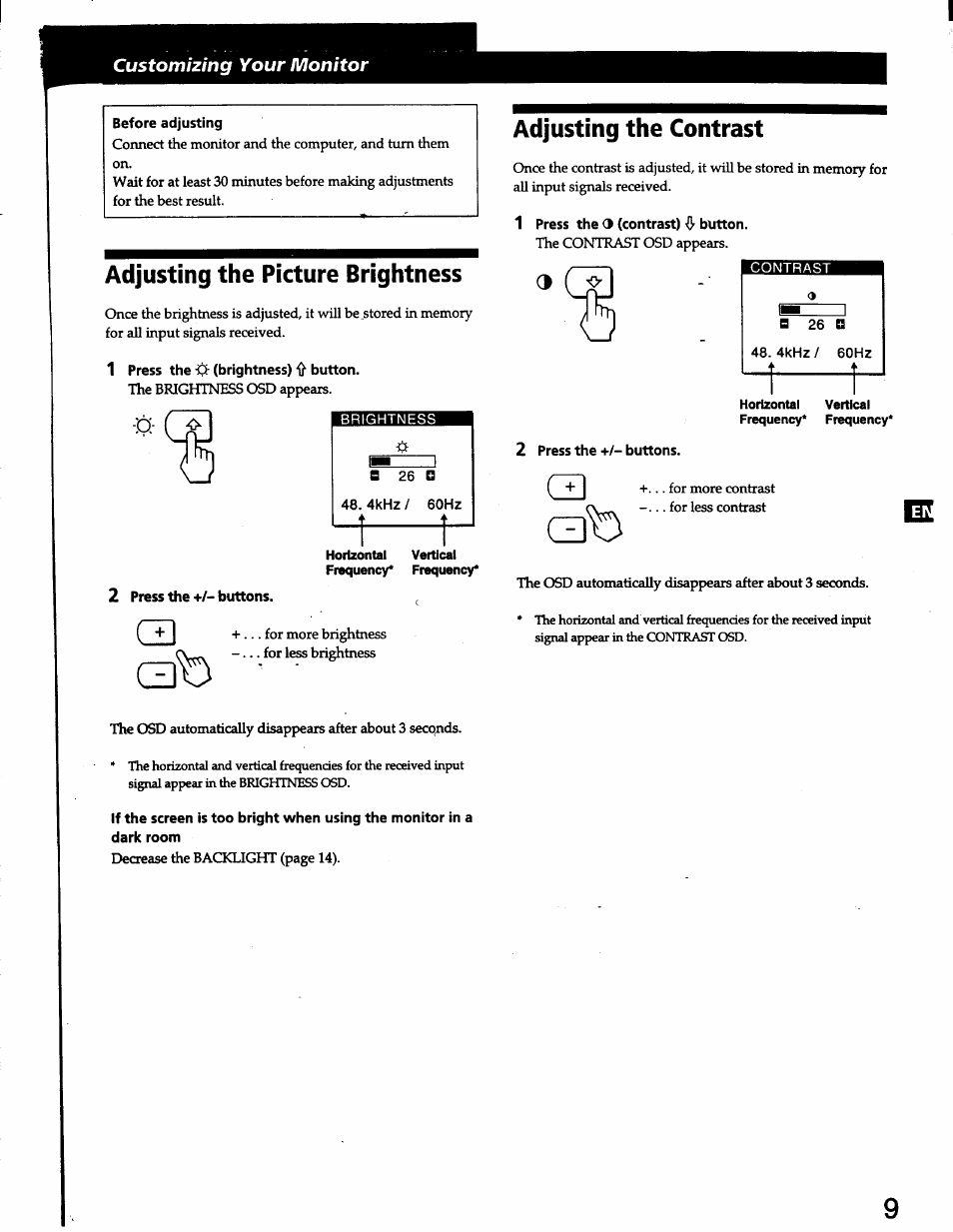Adjusting the picture brightness, Adjusting the contrast, Customizing your monitor | Sony CPD-L150 User Manual | Page 9 / 20