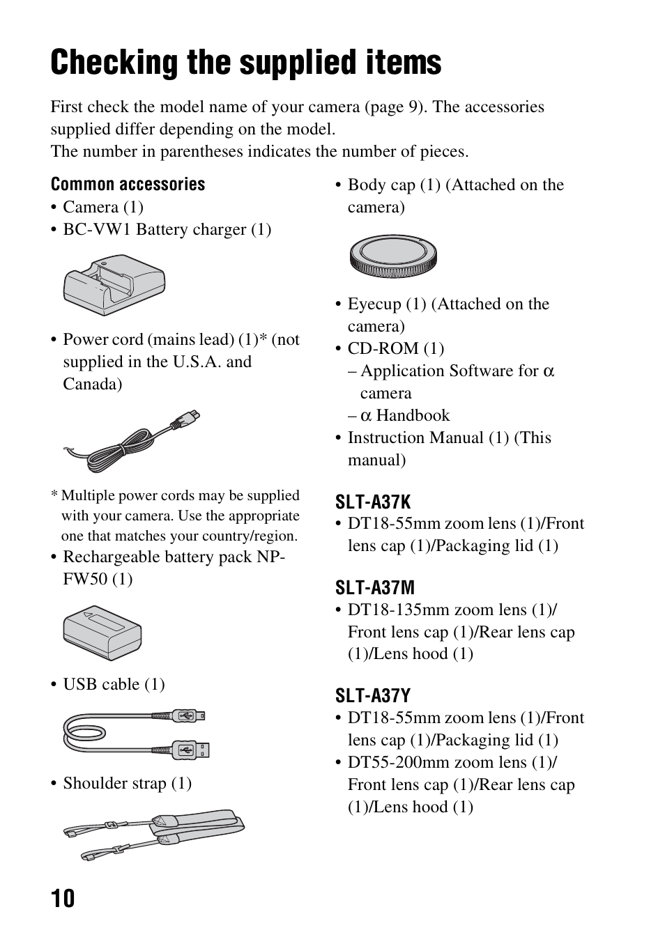 Preparing the camera, Checking the supplied items | Sony SLT-A37K User Manual | Page 10 / 96