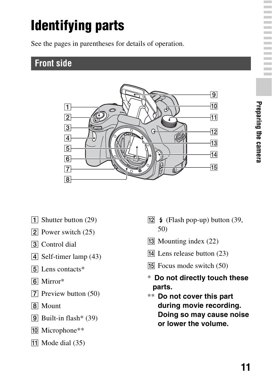 Identifying parts, Front side | Sony SLT-A37K User Manual | Page 11 / 96