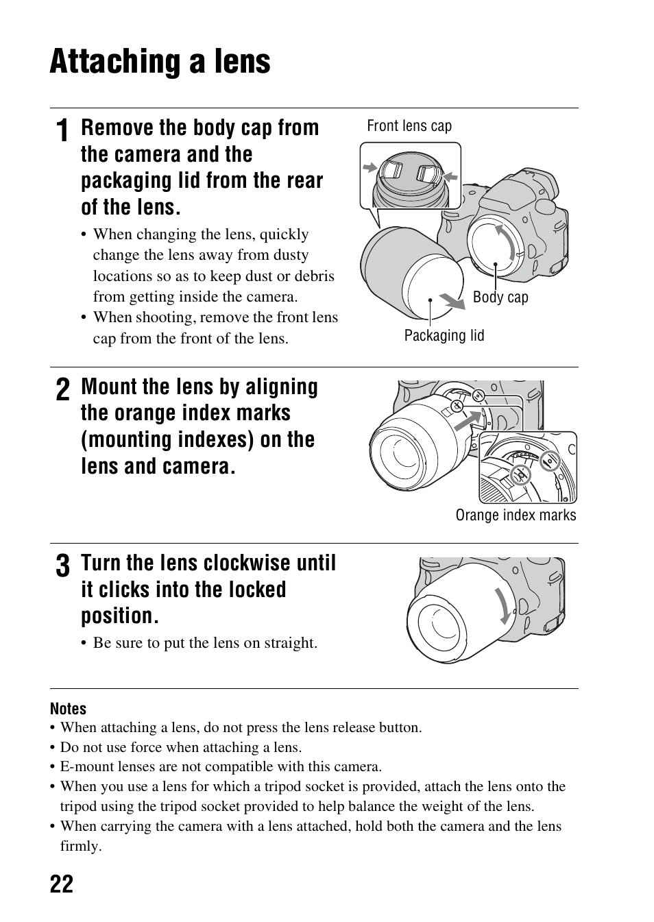 Attaching a lens | Sony SLT-A37K User Manual | Page 22 / 96