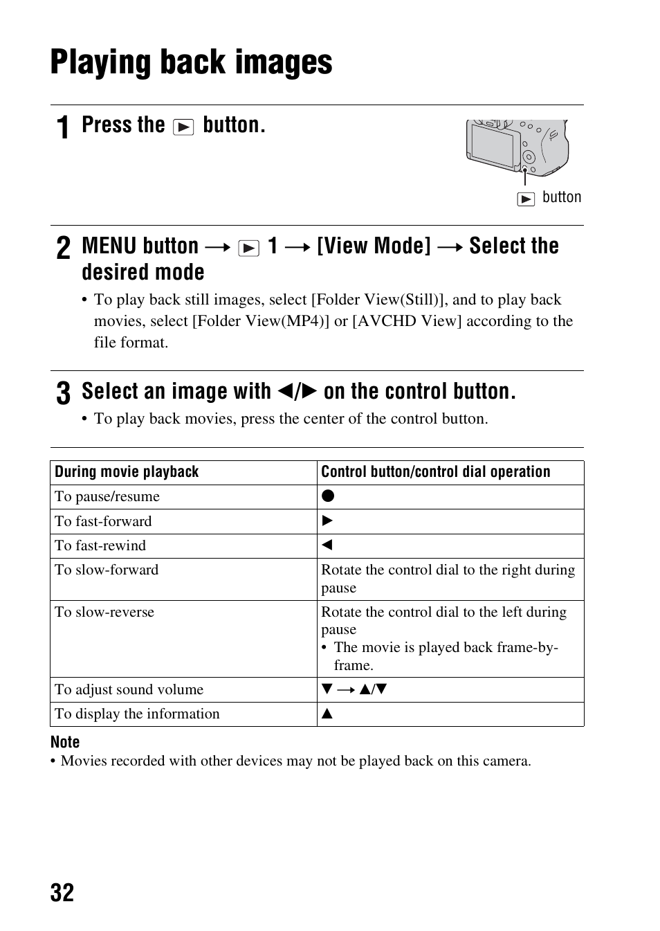 Playing back images, Press the button, Select an image with b / b on the control button | Sony SLT-A37K User Manual | Page 32 / 96