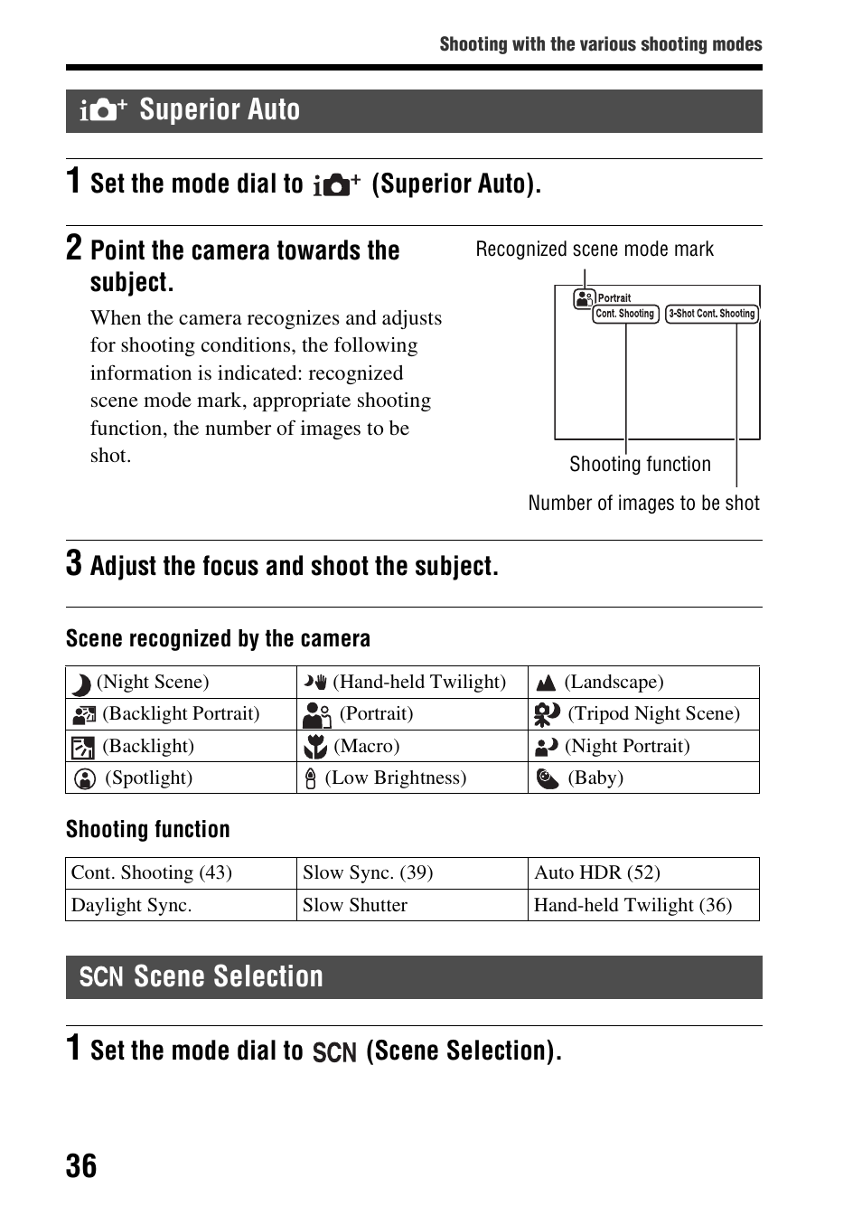 Superior auto, Scene selection | Sony SLT-A37K User Manual | Page 36 / 96