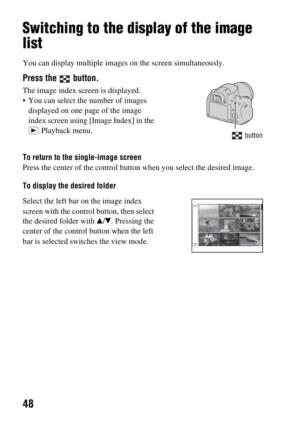 Switching to the display of the image list, N (48) | Sony SLT-A37K User Manual | Page 48 / 96