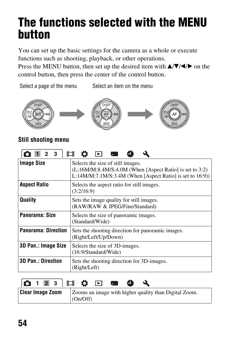 The functions selected with the menu button, N (54) | Sony SLT-A37K User Manual | Page 54 / 96