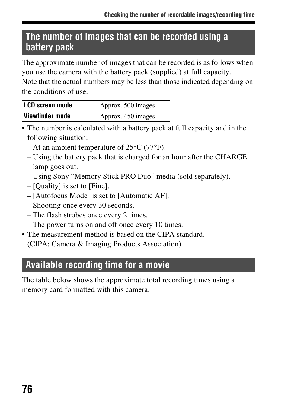 Available recording time for a movie | Sony SLT-A37K User Manual | Page 76 / 96