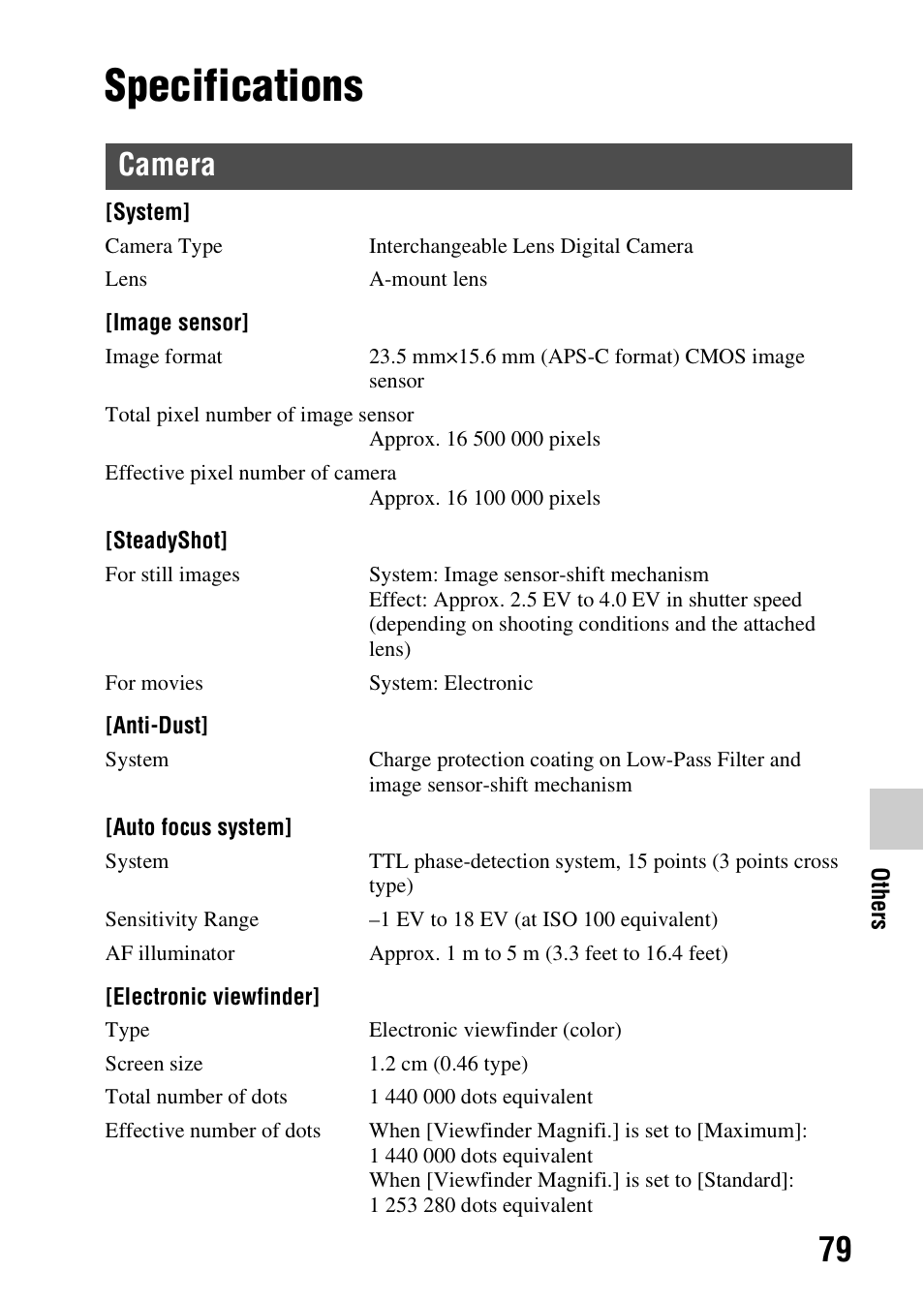 Specifications, Camera | Sony SLT-A37K User Manual | Page 79 / 96