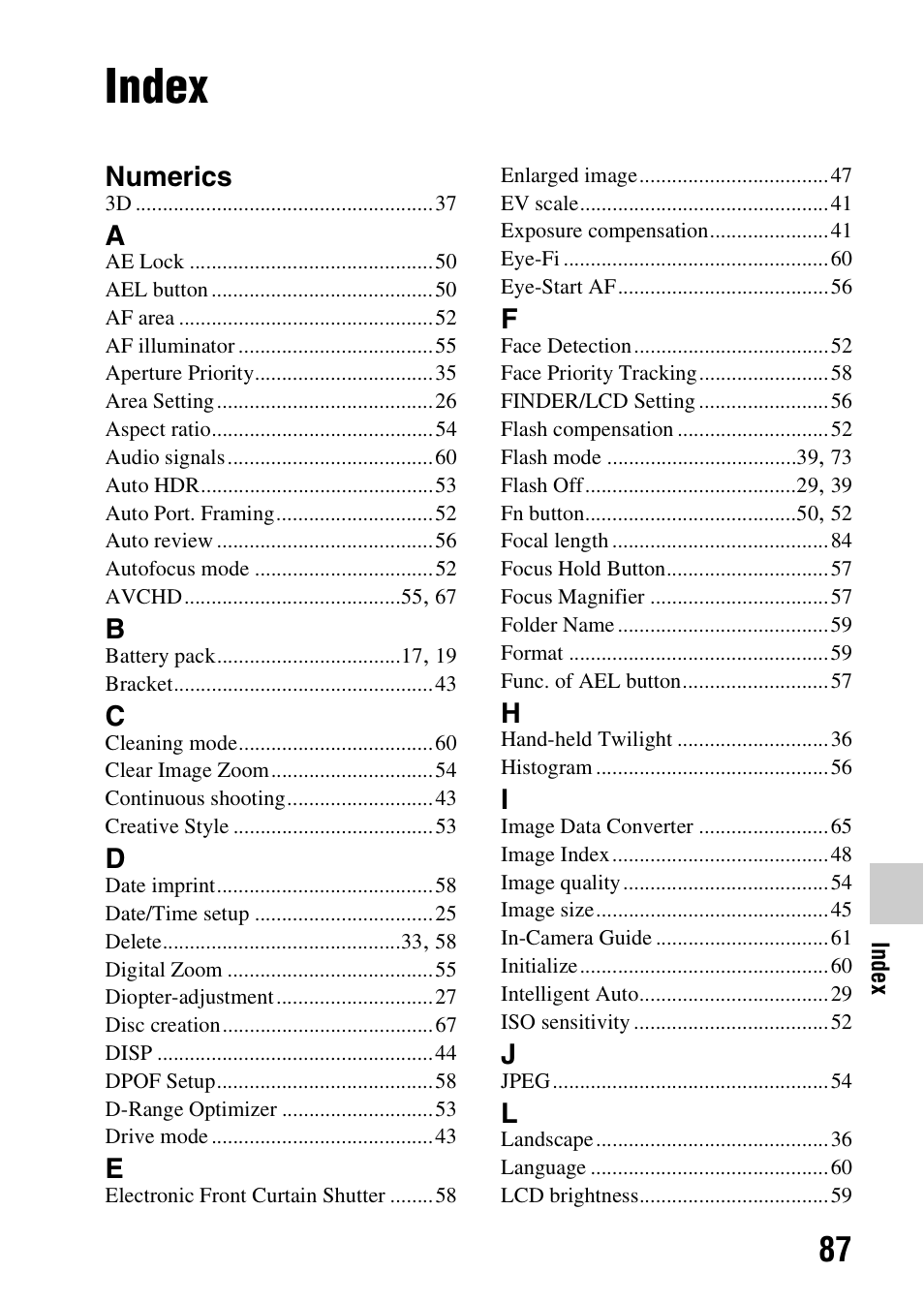 Index, Numerics | Sony SLT-A37K User Manual | Page 87 / 96