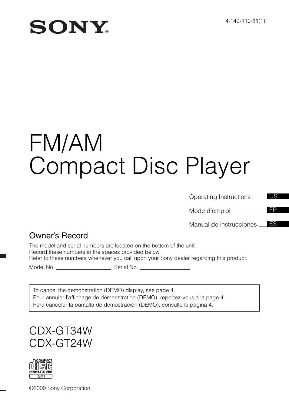 Sony CDX-GT34W User Manual | 56 pages