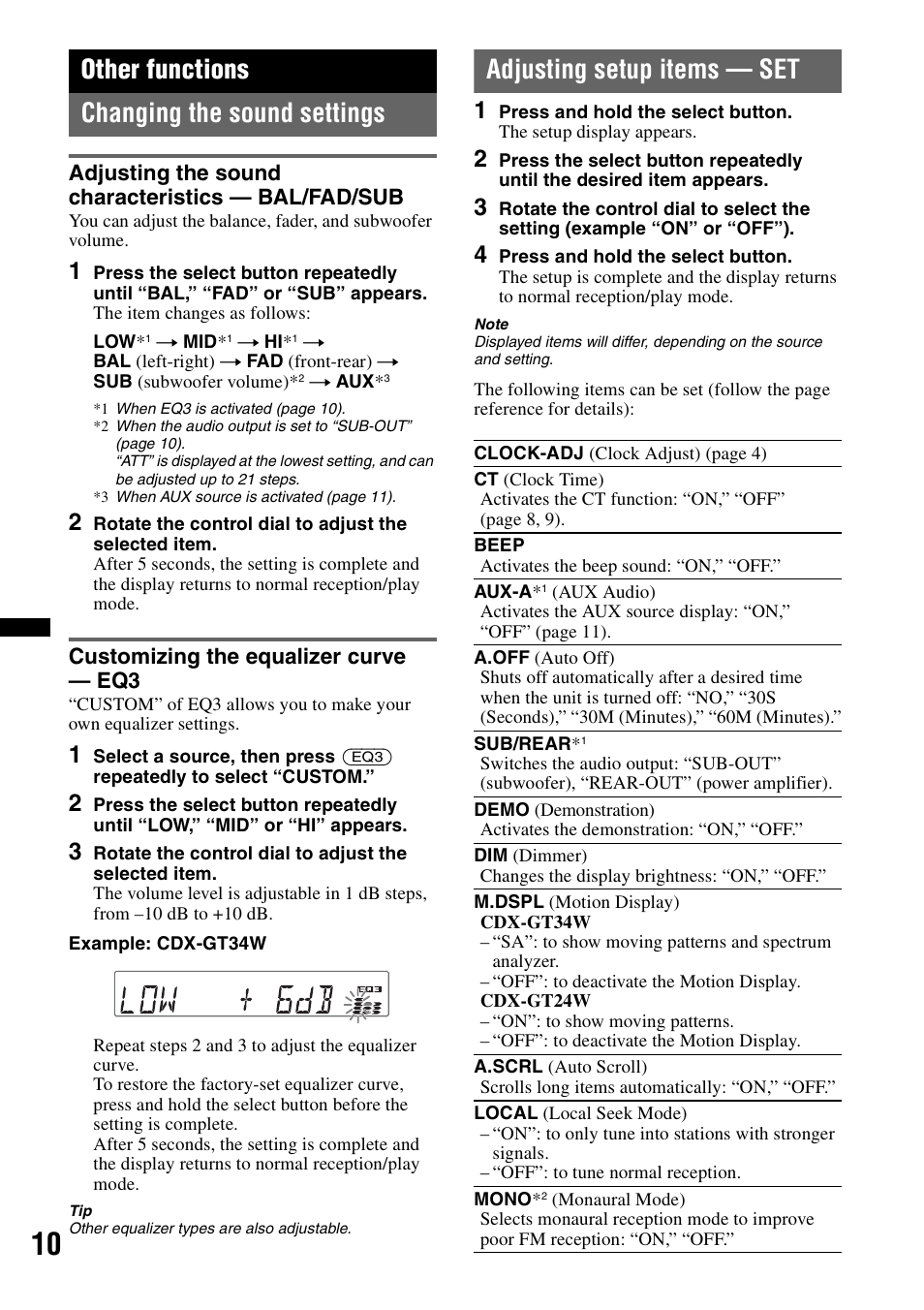 Other functions, Changing the sound settings, Adjusting the sound characteristics — bal/fad/sub | Customizing the equalizer curve — eq3, Adjusting setup items — set, Other functions changing the sound settings | Sony CDX-GT34W User Manual | Page 10 / 56