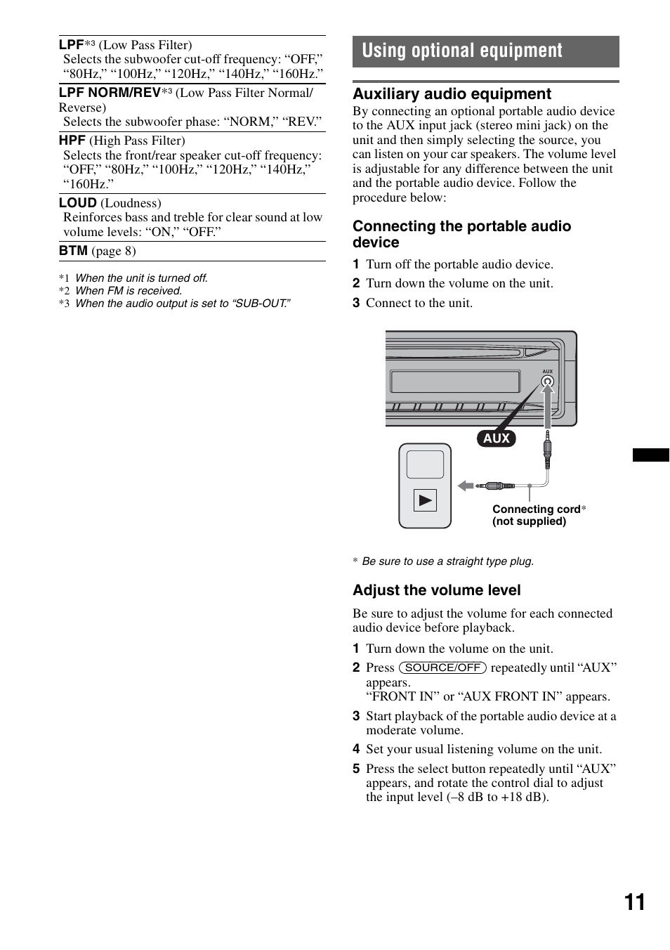 Using optional equipment, Auxiliary audio equipment | Sony CDX-GT34W User Manual | Page 11 / 56