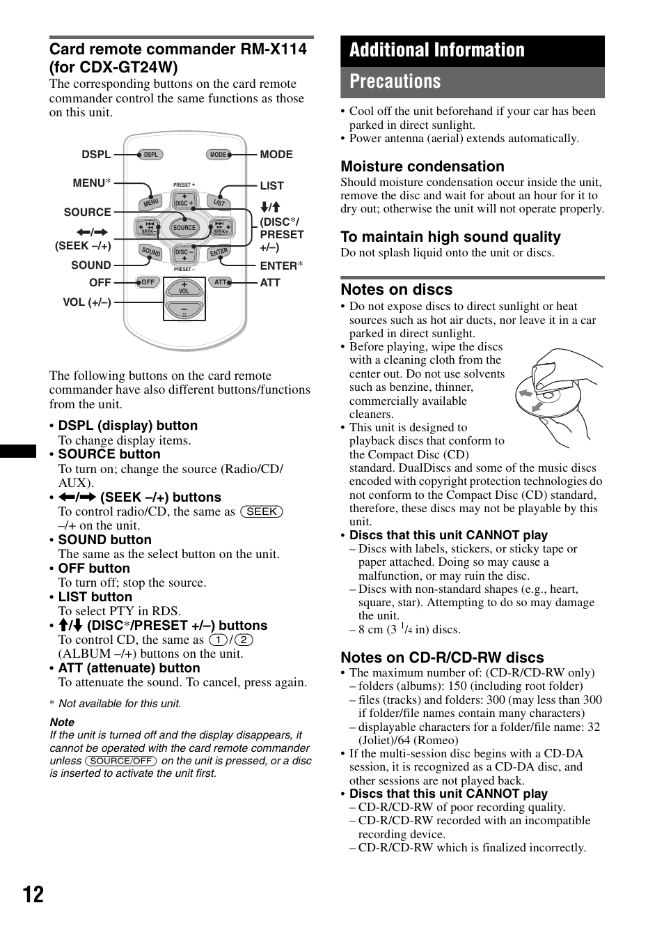 Card remote commander rm-x114 (for cdx-gt24w), Additional information, Precautions | Notes on discs, Additional information precautions, Moisture condensation | Sony CDX-GT34W User Manual | Page 12 / 56