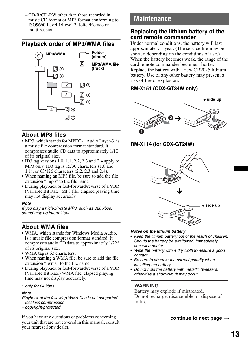 Playback order of mp3/wma files, About mp3 files, About wma files | Maintenance, Playback order of mp3/wma files about mp3 files | Sony CDX-GT34W User Manual | Page 13 / 56