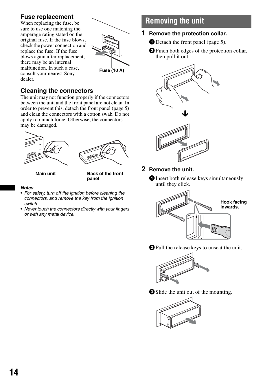 Removing the unit | Sony CDX-GT34W User Manual | Page 14 / 56