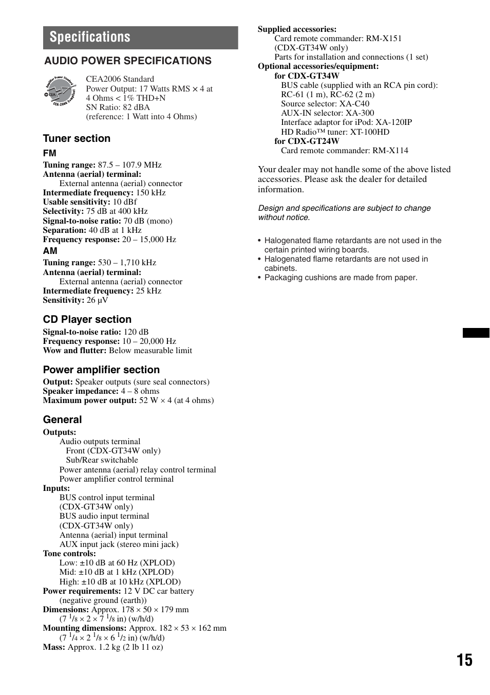 Specifications, General, Audio power specifications | Sony CDX-GT34W User Manual | Page 15 / 56