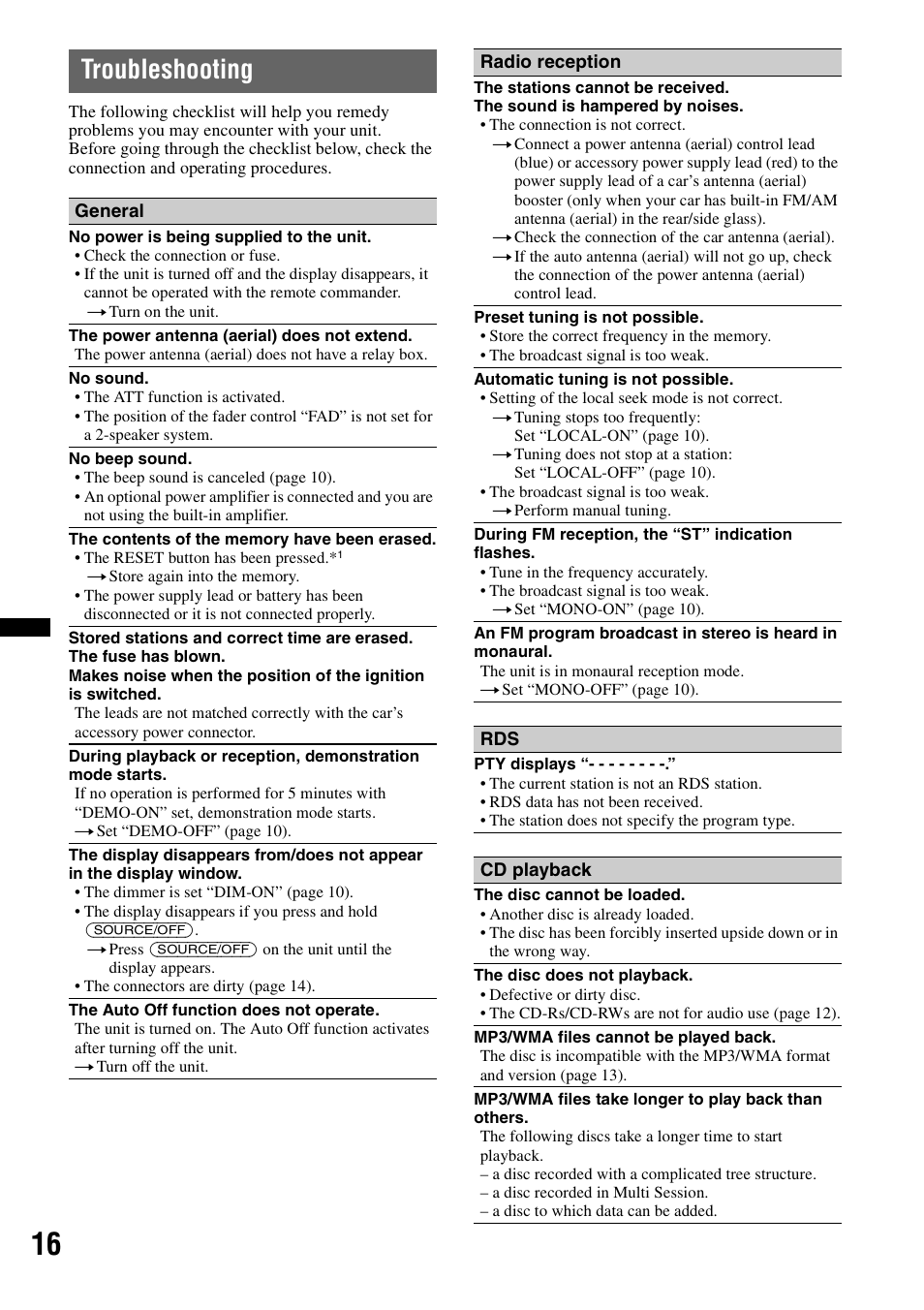 Troubleshooting | Sony CDX-GT34W User Manual | Page 16 / 56