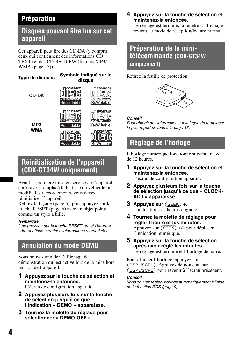 Préparation, Disques pouvant être lus sur cet appareil, Annulation du mode demo | Réglage de l’horloge, Préparation de la mini- télécommande | Sony CDX-GT34W User Manual | Page 20 / 56