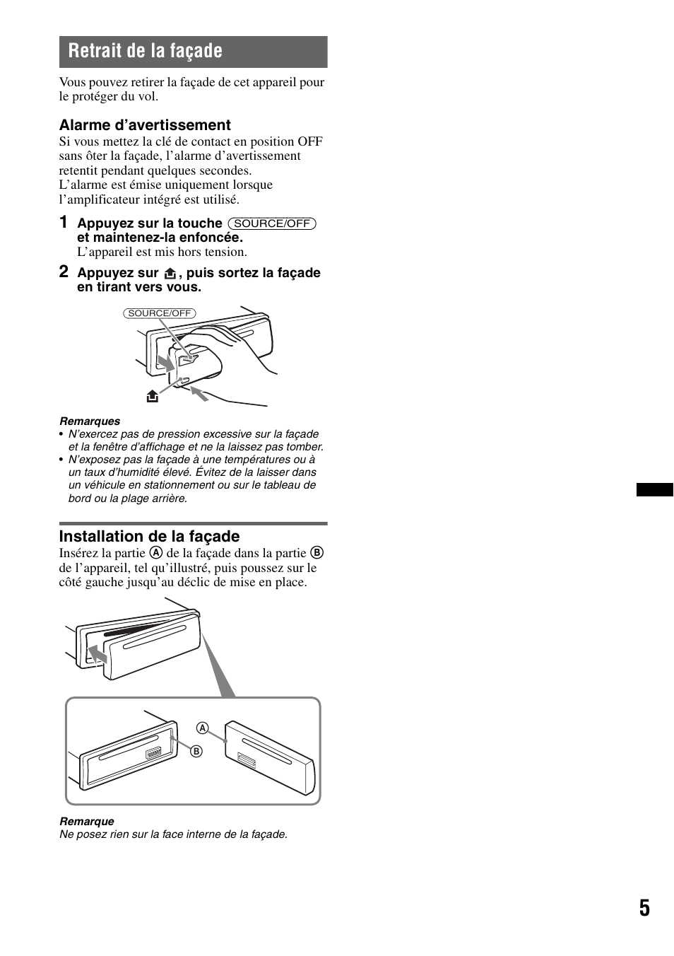 Retrait de la façade, Installation de la façade | Sony CDX-GT34W User Manual | Page 21 / 56